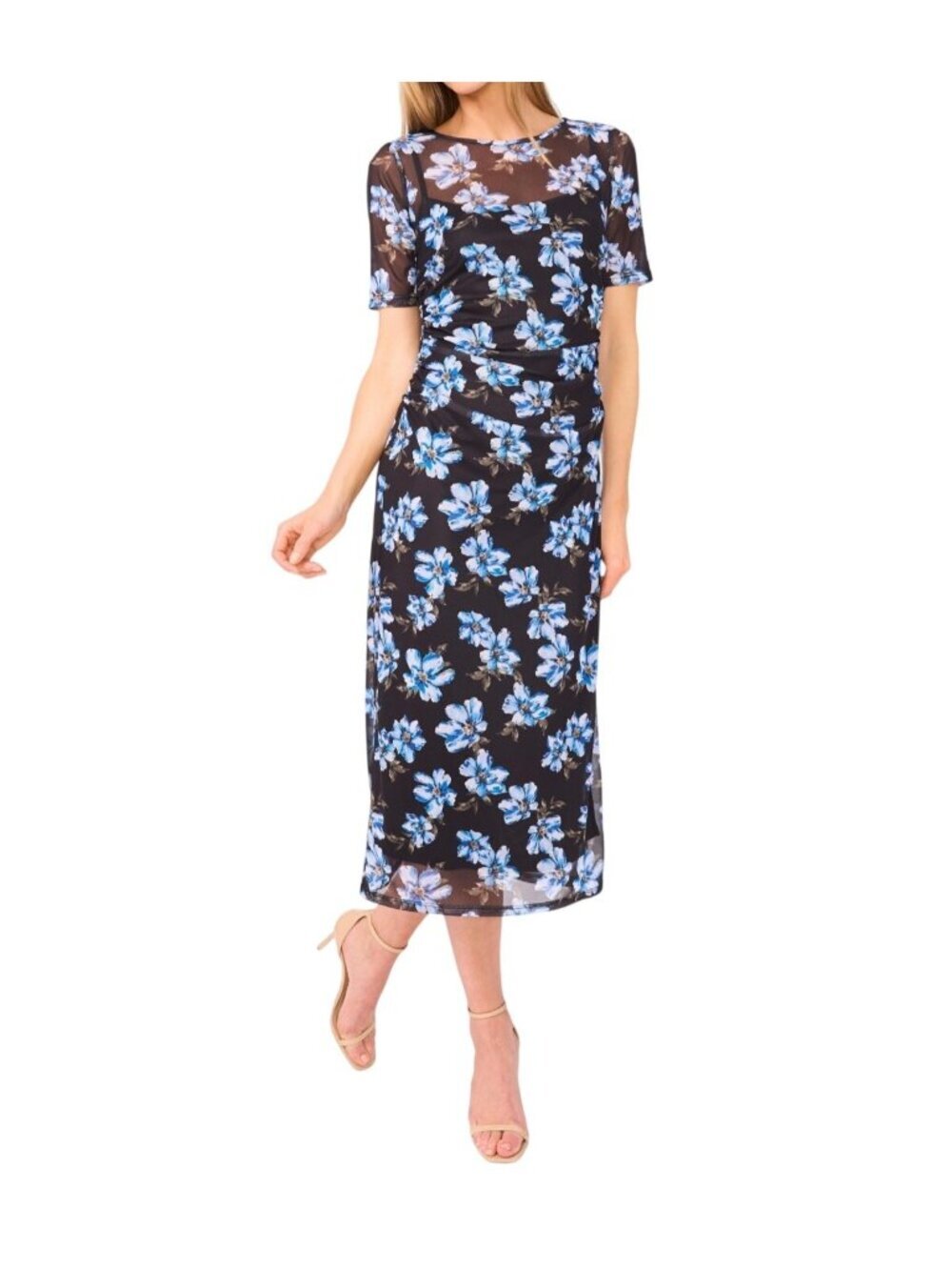 NWT CeCe Floral Ruched Mesh Midi Dress Black Blue S MSRP $89